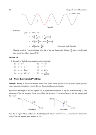 222 Chapter 9. More Diﬀerentiation
Π
4
2 Π
1
y = sin x + cos x
Figure 9.3
• Note that
f(x) = sin x + cos x
=
√
2
1
√
2
sin x +
1
√
2
cos x
=
√
2 cos
π
4
sin x + sin
π
4
cos x
=
√
2 sin x +
π
4
Compound angle formula
Thus the graph of f can be obtained from that of the sine function by shifting it
π
4
units to the left and
then amplifying it by a factor of
√
2.
Exercise 9.3
1. For each of the following equations, sketch its graph.
(a) y = e−x2
(b) y = x e−x
(c) y = x − ln x (d) y =
ln x
x
(e) y = x − 2 sin x (f) y = sin2
x
(g) y = x −
√
1 − x2 (h) y =
1
√
1 + 2x2
9.4 More Extremum Problems
Example Among all line segments that stretch from points on the positive x-axis to points on the positive
y-axis and passes through the point (5, 2), ﬁnd the one that has shortest length.
Explanation The length of the line segment can be expressed as a function of any one of the following: (1) the
x-intercept of the line segment; (2) the slope of the line segment; (3) the angle between the line segment and
the x-axis.
(5, 2)
A(x, 0)
B(0, y)
Figure 9.4(a)
(5, 2)
A(x, 0)
B(0, y)
θ
Figure 9.4(b)
Note that in Figure 9.4(a), we have x > 5 and in Figure 9.4(b), we have 0 < θ <
π
2
. Moreover, if m denotes the
slope of the line segment, then we have m < 0.
 