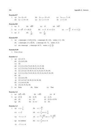 256 Appendix A. Answers
Exercise 0.7
1. (a) 3x + 2y = 0 (b) 2x − y − 11 = 0 (c) 3x + y − 7 = 0
(d) 2x − y + 8 = 0 (e) 3x − y + 1 = 0 (f) y + 1 = 0
Exercise 0.8
1. (a) 5 (b)
√
65 (c) 13 (d) 5
√
5
2. (a) r =
√
3 C = (0, 2) (b) r = 3 C = (−2, 1) (c) r =
√
3
2
C = (−1, 1
2)
3. (a) 2 (b)
1
√
2
(c)
2
√
5
Exercise 0.9
1. (a) x-intercepts: (−6, 0), (2, 0), y-intercept: (0, −12), vertex: (−2, −16)
(b) x-intercepts: (3 ±
√
2, 0), y-intercept: (0, −7), vertex: (3, 2)
(c) no x-intercept, y-intercept: (0, 7), vertex: (−1
2, 13
2 )
Exercise 0.10
1. 8 cm × 6 cm
Exercise 1.1
1. (a) {2, 3, 5, 7}
(b) {2, 4, 6, 8, 10}
(c) {2}
(d) {1, 2, 3, 4, 5, 6, 7, 8, 9, 10, 11, 13, 17, 19}
(e) {1, 2, 3, 4, 5, 6, 7, 8, 9, 10, 12, 14, 16, 18}
(f) {2, 3, 4, 5, 6, 7, 8, 10, 11, 12, 13, 14, 16, 17, 18, 19}
(g) {1, 2, 3, 4, 5, 6, 7, 8, 9, 10, 11, 12, 13, 14, 16, 17, 18, 19}
(h) {2}
(i) {2, 4, 6, 8, 10}
(j) {2, 3, 4, 5, 6, 7, 8, 10, 12, 14, 16, 18}
(k) {1, 4, 6, 8, 9, 10}
(l) {12, 14, 15, 16, 18}
2. (a) False (b) False (c) True
Exercise 1.2
1. (a) {
√
2, −
√
2} (b) {
√
2} (c) ∅
2. (a) [3, 5] (b) [1, 9) (c) (1, 5)
(d) {5} (e) {1} (f) [3, 5) ∪ (5, 9)
(g) {5} (h) [1, ∞) (i) {5}
Exercise 1.3
1. (a) x ≤ −
7
5
(b) x < −
29
3
(c) x > 2 (d) x ≤ −
7
2
or x ≥
5
11
(e) −1 < x < 3 (f) x <
3 −
√
41
4
or x >
3 +
√
41
4
(g) no solution (h) x ≤ −
3
2
or x > 4
(i) −7 < x < 4
 