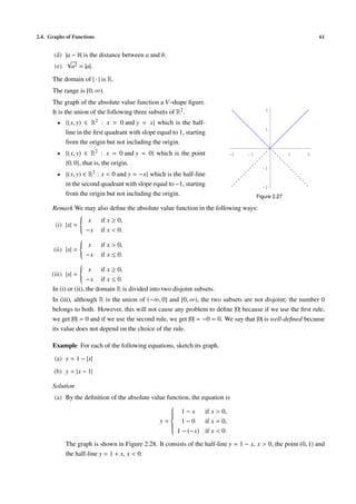 2.4. Graphs of Functions 61
(d) |a − b| is the distance between a and b.
(e)
√
a2 = |a|.
The domain of | · | is R.
The range is [0, ∞).
The graph of the absolute value function a V-shape ﬁgure.
It is the union of the following three subsets of R2.
• {(x, y) ∈ R2 : x > 0 and y = x} which is the half-
line in the ﬁrst quadrant with slope equal to 1, starting
from the origin but not including the origin.
• {(x, y) ∈ R2 : x = 0 and y = 0} which is the point
{0, 0}, that is, the origin.
• {(x, y) ∈ R2 : x < 0 and y = −x} which is the half-line
in the second quadrant with slope equal to −1, starting
from the origin but not including the origin.
1 2-1-2
-2
-1
1
2
Figure 2.27
Remark We may also deﬁne the absolute value function in the following ways:
(i) |x| =



x if x ≥ 0,
−x if x < 0.
(ii) |x| =



x if x > 0,
−x if x ≤ 0.
(iii) |x| =



x if x ≥ 0,
−x if x ≤ 0.
In (i) or (ii), the domain R is divided into two disjoint subsets.
In (iii), although R is the union of (−∞, 0] and [0, ∞), the two subsets are not disjoint; the number 0
belongs to both. However, this will not cause any problem to deﬁne |0| because if we use the ﬁrst rule,
we get |0| = 0 and if we use the second rule, we get |0| = −0 = 0. We say that |0| is well-deﬁned because
its value does not depend on the choice of the rule.
Example For each of the following equations, sketch its graph.
(a) y = 1 − |x|
(b) y = |x − 1|
Solution
(a) By the deﬁnition of the absolute value function, the equation is
y =



1 − x if x > 0,
1 − 0 if x = 0,
1 − (−x) if x < 0.
The graph is shown in Figure 2.28. It consists of the half-line y = 1 − x, x > 0, the point (0, 1) and
the half-line y = 1 + x, x < 0.
 