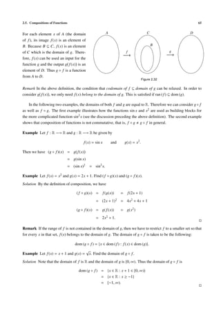 2.5. Compositions of Functions 65
For each element x of A (the domain
of f), its image f(x) is an element of
B. Because B ⊆ C, f(x) is an element
of C which is the domain of g. There-
fore, f(x) can be used an input for the
function g and the output g f(x) is an
element of D. Thus g ◦ f is a function
from A to D.
A
f
−→
C
B
g
−→
D
Figure 2.32
Remark In the above deﬁnition, the condition that codomain of f ⊆ domain of g can be relaxed. In order to
consider g f(x) , we only need f(x) belong to the domain of g. This is satisﬁed if ran (f) ⊆ dom (g).
In the following two examples, the domains of both f and g are equal to R. Therefore we can consider g◦ f
as well as f ◦ g. The ﬁrst example illustrates how the functions sin x and x2 are used as building blocks for
the more complicated function sin2
x (see the discussion preceding the above deﬁnition). The second example
shows that composition of functions is not commutative, that is, f ◦ g g ◦ f in general.
Example Let f : R −→ R and g : R −→ R be given by
f(x) = sin x and g(x) = x2
.
Then we have (g ◦ f)(x) = g f(x)
= g(sin x)
= (sin x)2 = sin2
x.
Example Let f(x) = x2 and g(x) = 2x + 1. Find (f ◦ g)(x) and (g ◦ f)(x).
Solution By the deﬁnition of composition, we have
( f ◦ g)(x) = f(g(x)) = f(2x + 1)
= (2x + 1)2 = 4x2 + 4x + 1
(g ◦ f)(x) = g( f(x)) = g(x2)
= 2x2 + 1.
Remark If the range of f is not contained in the domain of g, then we have to restrict f to a smaller set so that
for every x in that set, f(x) belongs to the domain of g. The domain of g ◦ f is taken to be the following:
dom (g ◦ f) = {x ∈ dom (f) : f(x) ∈ dom (g)}.
Example Let f(x) = x + 1 and g(x) =
√
x. Find the domain of g ◦ f.
Solution Note that the domain of f is R and the domain of g is [0, ∞). Thus the domain of g ◦ f is
dom (g ◦ f) = {x ∈ R : x + 1 ∈ [0, ∞)}
= {x ∈ R : x ≥ −1}
= [−1, ∞).
 