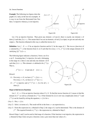 2.6. Inverse Functions 67
Example The following two ﬁgures show the
graphs of f and g in the last two examples. It
is easy to see from the Horizontal Line Test
that f is injective whereas g is not injective.
1 2-1-2
1
2
3
4
1 2-1-2
1
2
3
4f(x) = 2x
g(x) = x2
injective not injective
Figure 2.33 Figure 2.34
Let f be an injective function. Then given any element y of ran (f), there is exactly one element x of
dom (f) such that f(x) = y. This means that if we use an element y of ran (f) as input, we get one and only one
output x. The function obtained in this way is called the inverse of f.
Deﬁnition Let f : X −→ Y be an injective function and let Y1 be the range of f. The inverse (function) of
f, denoted by f−1, is the function from Y1 to X such that for every y ∈ Y1, f−1(y) is the unique element of X
satisfying f f−1(y) = y.
The following ﬁgure indicates a function f from a set X to
a set Y. Assuming that f is injective, for each y belonging
to the range of f, there is one and only one element x of X
such that f(x) = y. This element x is deﬁned to be f−1(y).
That is,
f−1
(y) = x if and only if f(x) = y.
Remark
(1) For every x ∈ X, we have (f−1 ◦ f)(x) = x.
For every y ∈ Y1, we have (f ◦ f−1)(y) = y.
(2) f−1 is injective and (f−1)−1(x) = f(x) for all x ∈
dom ( f).
X
x • • y
>
<
f
f−1
Y
Figure 2.35
Steps to ﬁnd inverse functions
Let f : X −→ R be an injective function where X ⊆ R. To ﬁnd the inverse function of f means to ﬁnd the
domain of f−1 as well as a formula for f−1(y). If the formula for f(x) is not very complicated, dom (f−1) and
f−1(y) can be found by solving the equation y = f(x) for x.
(Step 1) Put y = f(x).
(Step 2) Solve x in terms of y. The result will be in the form x = an expression in y.
(Step 3) From the expression in y obtained in Step 2, the range of f can be determined. This is the domain of
f−1. The required formula is f−1(y) = the expression in y obtained in Step 2.
Remark Steps 1 and 2 can be used to ﬁnd range of a function. If the function is not injective, the expression in
y obtained in Step 2 does not give a function; some y give more than one values of x.
 