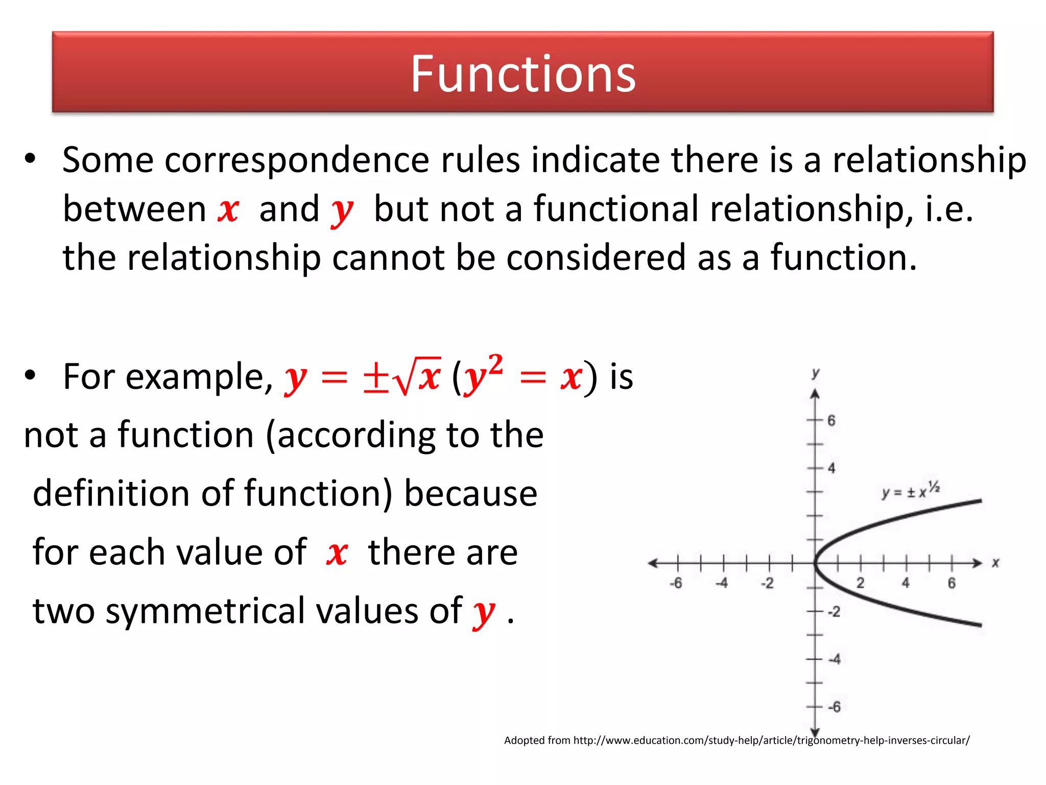 Functions
• Some correspondence rules indicate there is a relationship
between 𝒙 and 𝒚 but not a functional relationship, i.e.
the relationship cannot be considered as a function.
• For example, 𝒚 = ± 𝒙 (𝒚 𝟐 = 𝒙) is
not a function (according to the
definition of function) because
for each value of 𝒙 there are
two symmetrical values of 𝒚 .
Adopted from http://www.education.com/study-help/article/trigonometry-help-inverses-circular/
 