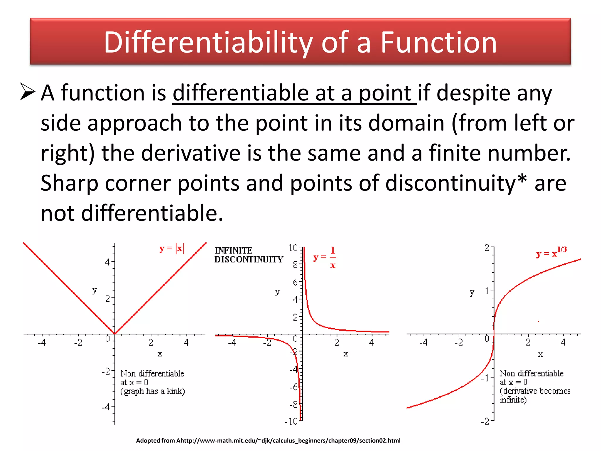 Differentiability of a Function
A function is differentiable at a point if despite any
side approach to the point in its domain (from left or
right) the derivative is the same and a finite number.
Sharp corner points and points of discontinuity* are
not differentiable.
Adopted from Ahttp://www-math.mit.edu/~djk/calculus_beginners/chapter09/section02.html
 