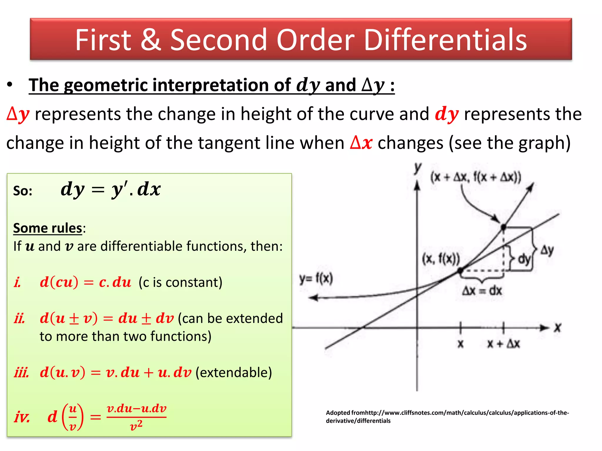 • The geometric interpretation of 𝒅𝒚 and ∆𝒚 :
∆𝒚 represents the change in height of the curve and 𝒅𝒚 represents the
change in height of the tangent line when ∆𝒙 changes (see the graph)
Adopted fromhttp://www.cliffsnotes.com/math/calculus/calculus/applications-of-the-
derivative/differentials
So: 𝒅𝒚 = 𝒚′. 𝒅𝒙
Some rules:
If 𝒖 and 𝒗 are differentiable functions, then:
i. 𝒅 𝒄𝒖 = 𝒄. 𝒅𝒖 (c is constant)
ii. 𝒅 𝒖 ± 𝒗 = 𝒅𝒖 ± 𝒅𝒗 (can be extended
to more than two functions)
iii. 𝒅 𝒖. 𝒗 = 𝒗. 𝒅𝒖 + 𝒖. 𝒅𝒗 (extendable)
iv. 𝒅
𝒖
𝒗
=
𝒗.𝒅𝒖−𝒖.𝒅𝒗
𝒗 𝟐
First & Second Order Differentials
 