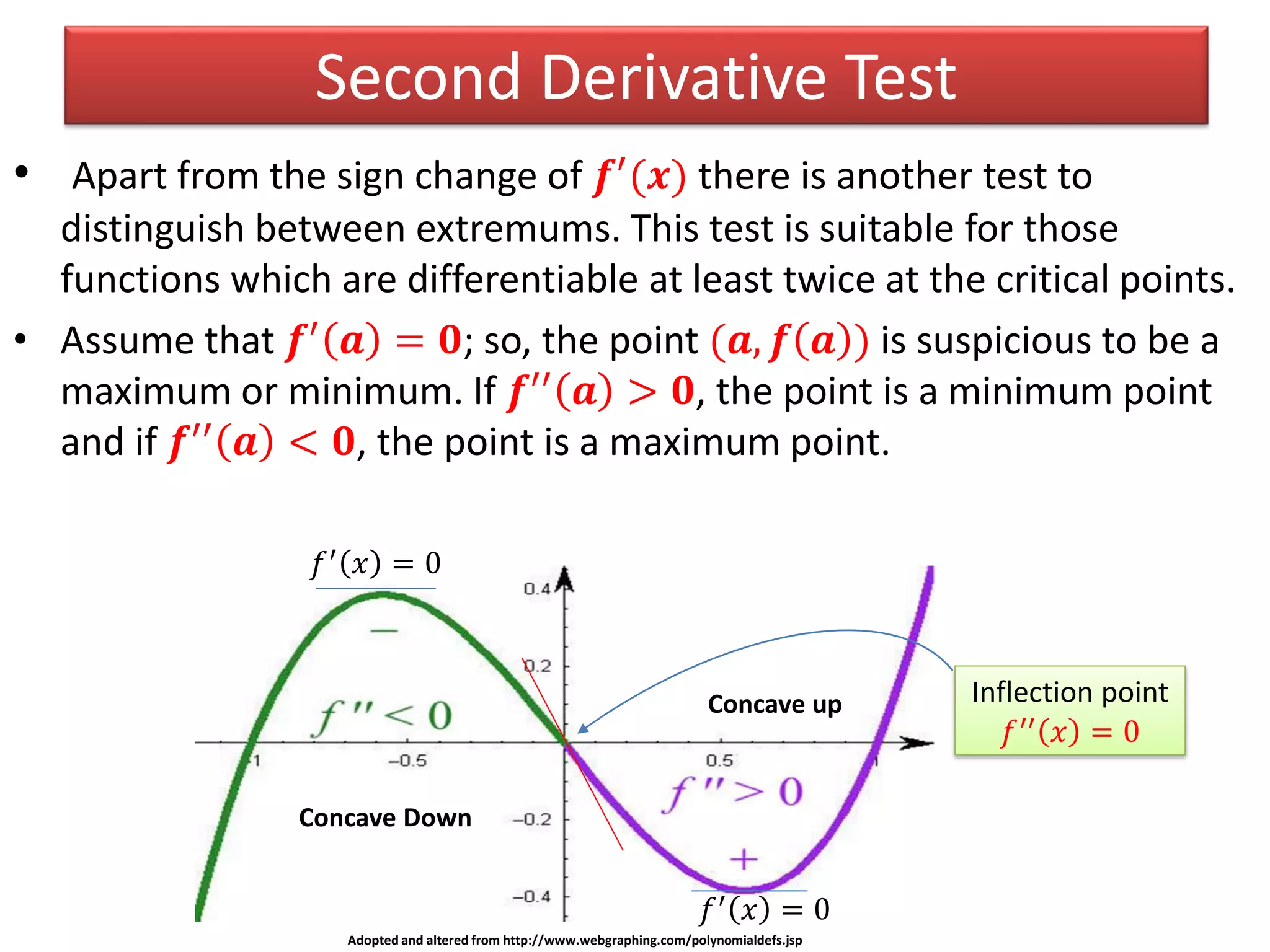 Second Derivative Test
• Apart from the sign change of 𝒇′
(𝒙) there is another test to
distinguish between extremums. This test is suitable for those
functions which are differentiable at least twice at the critical points.
• Assume that 𝒇′ 𝒂 = 𝟎; so, the point (𝒂, 𝒇 𝒂 ) is suspicious to be a
maximum or minimum. If 𝒇′′ 𝒂 > 𝟎, the point is a minimum point
and if 𝒇′′ 𝒂 < 𝟎, the point is a maximum point.
Adopted and altered from http://www.webgraphing.com/polynomialdefs.jsp
Inflection point
Concave Down
Concave up
𝑓′
𝑥 = 0
𝑓′
𝑥 = 0
𝑓′′
𝑥 = 0
 