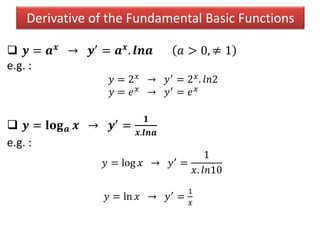 Derivative of the Fundamental Basic Functions
 𝒚 = 𝒂 𝒙 → 𝒚′ = 𝒂 𝒙. 𝒍𝒏𝒂 𝑎 > 0, ≠ 1
e.g. :
𝑦 = 2 𝑥 → 𝑦′ = 2 𝑥. 𝑙𝑛2
𝑦 = 𝑒 𝑥 → 𝑦′ = 𝑒 𝑥
 𝒚 = 𝐥𝐨𝐠 𝒂 𝒙 → 𝒚′
=
𝟏
𝒙.𝒍𝒏𝒂
e.g. :
𝑦 = log 𝑥 → 𝑦′ =
1
𝑥. 𝑙𝑛10
𝑦 = ln 𝑥 → 𝑦′ =
1
𝑥
 