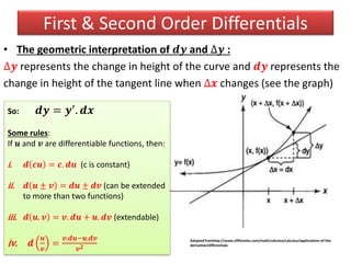 • The geometric interpretation of 𝒅𝒚 and ∆𝒚 :
∆𝒚 represents the change in height of the curve and 𝒅𝒚 represents the
change in height of the tangent line when ∆𝒙 changes (see the graph)
Adopted fromhttp://www.cliffsnotes.com/math/calculus/calculus/applications-of-the-
derivative/differentials
So: 𝒅𝒚 = 𝒚′. 𝒅𝒙
Some rules:
If 𝒖 and 𝒗 are differentiable functions, then:
i. 𝒅 𝒄𝒖 = 𝒄. 𝒅𝒖 (c is constant)
ii. 𝒅 𝒖 ± 𝒗 = 𝒅𝒖 ± 𝒅𝒗 (can be extended
to more than two functions)
iii. 𝒅 𝒖. 𝒗 = 𝒗. 𝒅𝒖 + 𝒖. 𝒅𝒗 (extendable)
iv. 𝒅
𝒖
𝒗
=
𝒗.𝒅𝒖−𝒖.𝒅𝒗
𝒗 𝟐
First & Second Order Differentials
 