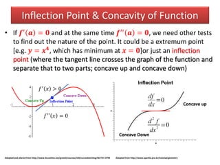 Inflection Point & Concavity of Function
• If 𝒇′ 𝒂 = 𝟎 and at the same time 𝒇′′ 𝒂 = 𝟎, we need other tests
to find out the nature of the point. It could be a extremum point
[e.g. 𝒚 = 𝒙 𝟒
, which has minimum at 𝒙 = 𝟎]or just an inflection
point (where the tangent line crosses the graph of the function and
separate that to two parts; concave up and concave down)
Adopted and altered from http://www.ltcconline.net/greenl/courses/105/curvesketching/SECTST.HTM Adopted from http://www.sparkle.pro.br/tutorial/geometry
𝑓′′ 𝑥 = 0
𝑓′ 𝑥 > 0
Concave Down
Concave up
 