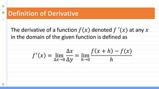 Definition of Derivative
The derivative of a function 𝑓(𝑥) denoted 𝑓 ′(𝑥) at any 𝑥
in the domain of the given function is defined as
𝑓′
𝑥 = lim
∆𝑥→0
∆𝑥
∆𝑦
= lim
ℎ→0
𝑓 𝑥 + ℎ − 𝑓(𝑥)
ℎ
 