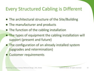 Every Structured Cabling is Different
● The architectural structure of the Site/Building
● The manufacturer and products
● The function of the cabling installation
● The types of equipment the cabling installation will
support (present and future)
● The configuration of an already installed system
(upgrades and retermination)
● Customer requirements
Workshop on Basic Campus Network Design, UGC, Dhaka BdREN © 2014. All rights reserved 14
 