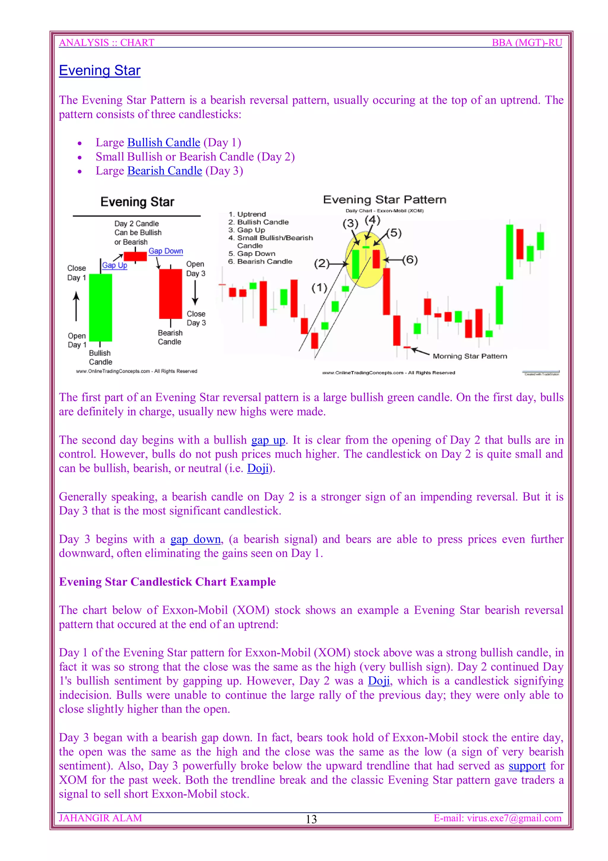 ANALYSIS :: CHART                                                                          BBA (MGT)-RU

Evening Star

The Evening Star Pattern is a bearish reversal pattern, usually occuring at the top of an uptrend. The
pattern consists of three candlesticks:

   ·   Large Bullish Candle (Day 1)
   ·   Small Bullish or Bearish Candle (Day 2)
   ·   Large Bearish Candle (Day 3)




The first part of an Evening Star reversal pattern is a large bullish green candle. On the first day, bulls
are definitely in charge, usually new highs were made.

The second day begins with a bullish gap up. It is clear from the opening of Day 2 that bulls are in
control. However, bulls do not push prices much higher. The candlestick on Day 2 is quite small and
can be bullish, bearish, or neutral (i.e. Doji).

Generally speaking, a bearish candle on Day 2 is a stronger sign of an impending reversal. But it is
Day 3 that is the most significant candlestick.

Day 3 begins with a gap down, (a bearish signal) and bears are able to press prices even further
downward, often eliminating the gains seen on Day 1.

Evening Star Candlestick Chart Example

The chart below of Exxon-Mobil (XOM) stock shows an example a Evening Star bearish reversal
pattern that occured at the end of an uptrend:

Day 1 of the Evening Star pattern for Exxon-Mobil (XOM) stock above was a strong bullish candle, in
fact it was so strong that the close was the same as the high (very bullish sign). Day 2 continued Day
1's bullish sentiment by gapping up. However, Day 2 was a Doji, which is a candlestick signifying
indecision. Bulls were unable to continue the large rally of the previous day; they were only able to
close slightly higher than the open.

Day 3 began with a bearish gap down. In fact, bears took hold of Exxon-Mobil stock the entire day,
the open was the same as the high and the close was the same as the low (a sign of very bearish
sentiment). Also, Day 3 powerfully broke below the upward trendline that had served as support for
XOM for the past week. Both the trendline break and the classic Evening Star pattern gave traders a
signal to sell short Exxon-Mobil stock.
JAHANGIR ALAM                                       13                         E-mail: virus.exe7@gmail.com
 