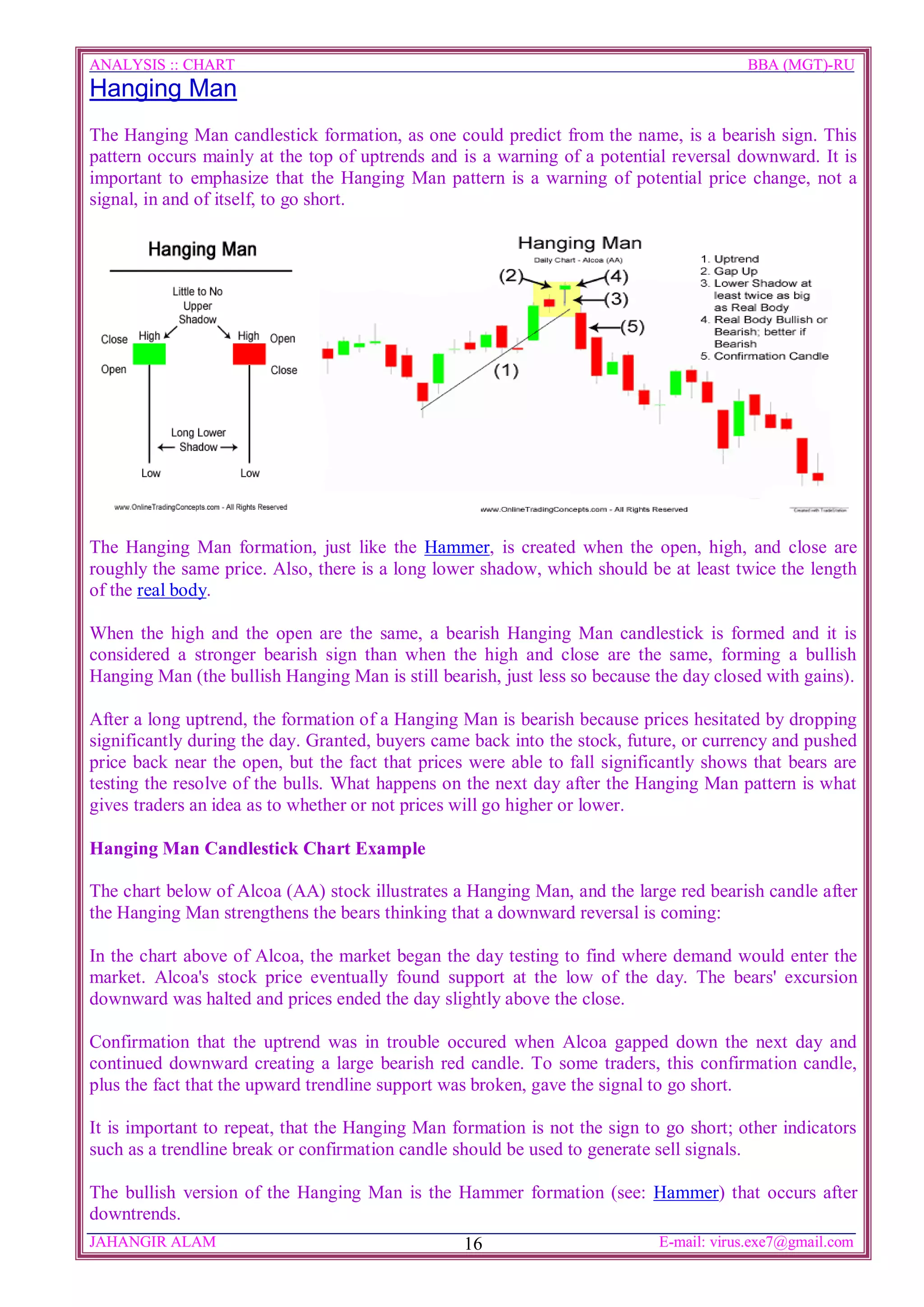 ANALYSIS :: CHART                                                                       BBA (MGT)-RU
Hanging Man
The Hanging Man candlestick formation, as one could predict from the name, is a bearish sign. This
pattern occurs mainly at the top of uptrends and is a warning of a potential reversal downward. It is
important to emphasize that the Hanging Man pattern is a warning of potential price change, not a
signal, in and of itself, to go short.




The Hanging Man formation, just like the Hammer, is created when the open, high, and close are
roughly the same price. Also, there is a long lower shadow, which should be at least twice the length
of the real body.

When the high and the open are the same, a bearish Hanging Man candlestick is formed and it is
considered a stronger bearish sign than when the high and close are the same, forming a bullish
Hanging Man (the bullish Hanging Man is still bearish, just less so because the day closed with gains).

After a long uptrend, the formation of a Hanging Man is bearish because prices hesitated by dropping
significantly during the day. Granted, buyers came back into the stock, future, or currency and pushed
price back near the open, but the fact that prices were able to fall significantly shows that bears are
testing the resolve of the bulls. What happens on the next day after the Hanging Man pattern is what
gives traders an idea as to whether or not prices will go higher or lower.

Hanging Man Candlestick Chart Example

The chart below of Alcoa (AA) stock illustrates a Hanging Man, and the large red bearish candle after
the Hanging Man strengthens the bears thinking that a downward reversal is coming:

In the chart above of Alcoa, the market began the day testing to find where demand would enter the
market. Alcoa's stock price eventually found support at the low of the day. The bears' excursion
downward was halted and prices ended the day slightly above the close.

Confirmation that the uptrend was in trouble occured when Alcoa gapped down the next day and
continued downward creating a large bearish red candle. To some traders, this confirmation candle,
plus the fact that the upward trendline support was broken, gave the signal to go short.

It is important to repeat, that the Hanging Man formation is not the sign to go short; other indicators
such as a trendline break or confirmation candle should be used to generate sell signals.

The bullish version of the Hanging Man is the Hammer formation (see: Hammer) that occurs after
downtrends.
JAHANGIR ALAM                                     16                        E-mail: virus.exe7@gmail.com
 