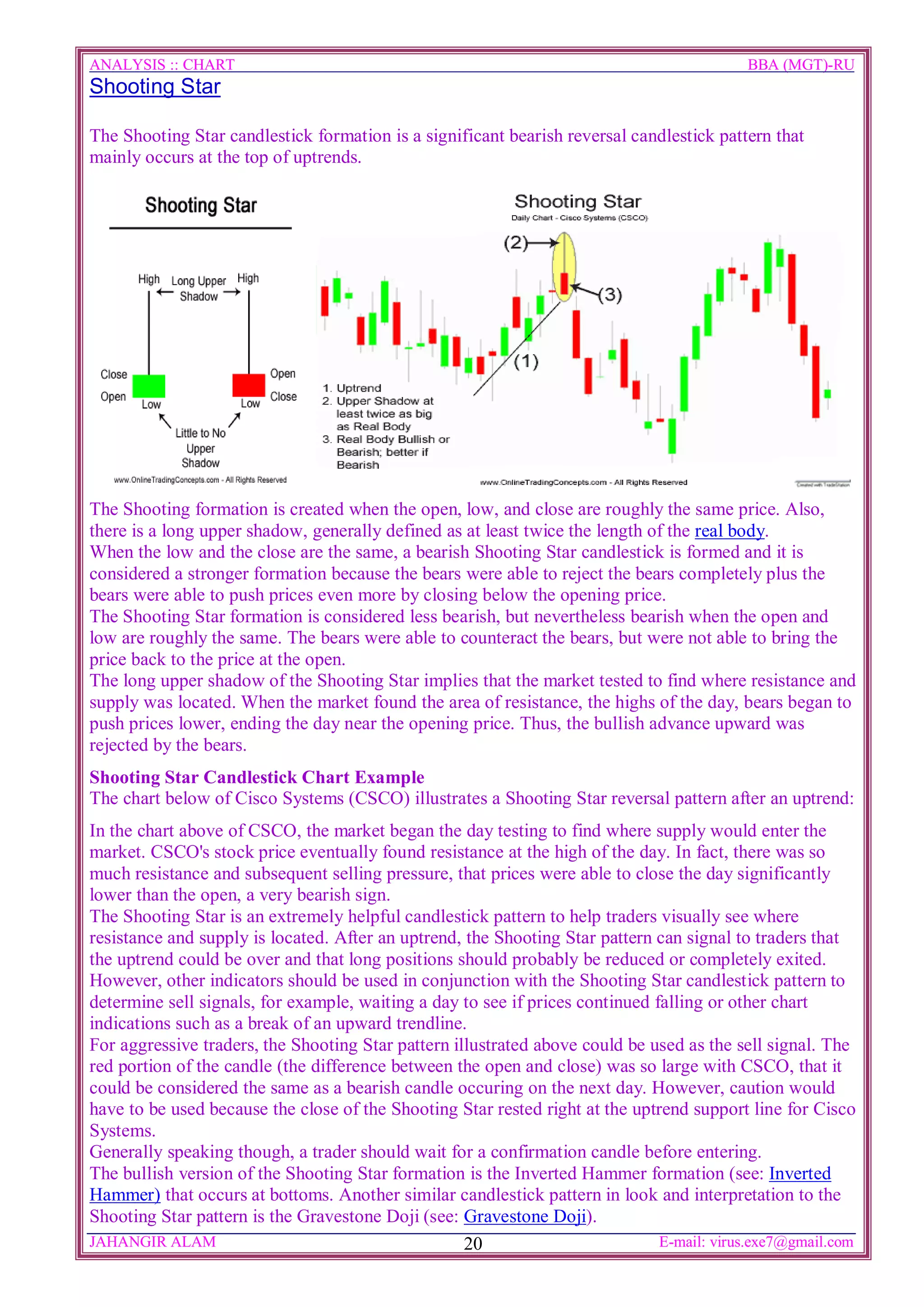 ANALYSIS :: CHART                                                                          BBA (MGT)-RU
Shooting Star

The Shooting Star candlestick formation is a significant bearish reversal candlestick pattern that
mainly occurs at the top of uptrends.




The Shooting formation is created when the open, low, and close are roughly the same price. Also,
there is a long upper shadow, generally defined as at least twice the length of the real body.
When the low and the close are the same, a bearish Shooting Star candlestick is formed and it is
considered a stronger formation because the bears were able to reject the bears completely plus the
bears were able to push prices even more by closing below the opening price.
The Shooting Star formation is considered less bearish, but nevertheless bearish when the open and
low are roughly the same. The bears were able to counteract the bears, but were not able to bring the
price back to the price at the open.
The long upper shadow of the Shooting Star implies that the market tested to find where resistance and
supply was located. When the market found the area of resistance, the highs of the day, bears began to
push prices lower, ending the day near the opening price. Thus, the bullish advance upward was
rejected by the bears.
Shooting Star Candlestick Chart Example
The chart below of Cisco Systems (CSCO) illustrates a Shooting Star reversal pattern after an uptrend:
In the chart above of CSCO, the market began the day testing to find where supply would enter the
market. CSCO's stock price eventually found resistance at the high of the day. In fact, there was so
much resistance and subsequent selling pressure, that prices were able to close the day significantly
lower than the open, a very bearish sign.
The Shooting Star is an extremely helpful candlestick pattern to help traders visually see where
resistance and supply is located. After an uptrend, the Shooting Star pattern can signal to traders that
the uptrend could be over and that long positions should probably be reduced or completely exited.
However, other indicators should be used in conjunction with the Shooting Star candlestick pattern to
determine sell signals, for example, waiting a day to see if prices continued falling or other chart
indications such as a break of an upward trendline.
For aggressive traders, the Shooting Star pattern illustrated above could be used as the sell signal. The
red portion of the candle (the difference between the open and close) was so large with CSCO, that it
could be considered the same as a bearish candle occuring on the next day. However, caution would
have to be used because the close of the Shooting Star rested right at the uptrend support line for Cisco
Systems.
Generally speaking though, a trader should wait for a confirmation candle before entering.
The bullish version of the Shooting Star formation is the Inverted Hammer formation (see: Inverted
Hammer) that occurs at bottoms. Another similar candlestick pattern in look and interpretation to the
Shooting Star pattern is the Gravestone Doji (see: Gravestone Doji).
JAHANGIR ALAM                                       20                         E-mail: virus.exe7@gmail.com
 