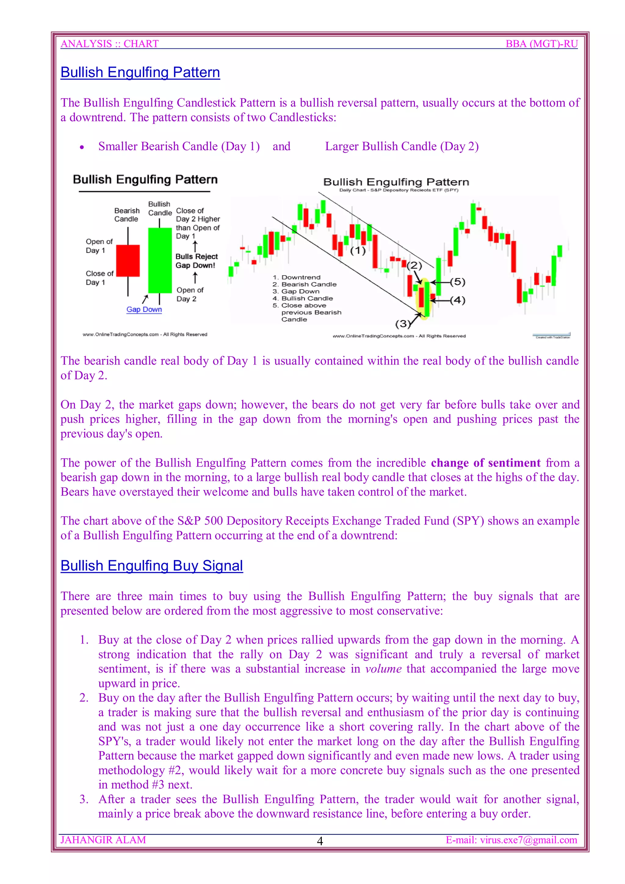 ANALYSIS :: CHART                                                                         BBA (MGT)-RU

Bullish Engulfing Pattern

The Bullish Engulfing Candlestick Pattern is a bullish reversal pattern, usually occurs at the bottom of
a downtrend. The pattern consists of two Candlesticks:

   ·   Smaller Bearish Candle (Day 1)     and          Larger Bullish Candle (Day 2)




The bearish candle real body of Day 1 is usually contained within the real body of the bullish candle
of Day 2.

On Day 2, the market gaps down; however, the bears do not get very far before bulls take over and
push prices higher, filling in the gap down from the morning's open and pushing prices past the
previous day's open.

The power of the Bullish Engulfing Pattern comes from the incredible change of sentiment from a
bearish gap down in the morning, to a large bullish real body candle that closes at the highs of the day.
Bears have overstayed their welcome and bulls have taken control of the market.

The chart above of the S&P 500 Depository Receipts Exchange Traded Fund (SPY) shows an example
of a Bullish Engulfing Pattern occurring at the end of a downtrend:

Bullish Engulfing Buy Signal

There are three main times to buy using the Bullish Engulfing Pattern; the buy signals that are
presented below are ordered from the most aggressive to most conservative:

   1. Buy at the close of Day 2 when prices rallied upwards from the gap down in the morning. A
      strong indication that the rally on Day 2 was significant and truly a reversal of market
      sentiment, is if there was a substantial increase in volume that accompanied the large move
      upward in price.
   2. Buy on the day after the Bullish Engulfing Pattern occurs; by waiting until the next day to buy,
      a trader is making sure that the bullish reversal and enthusiasm of the prior day is continuing
      and was not just a one day occurrence like a short covering rally. In the chart above of the
      SPY's, a trader would likely not enter the market long on the day after the Bullish Engulfing
      Pattern because the market gapped down significantly and even made new lows. A trader using
      methodology #2, would likely wait for a more concrete buy signals such as the one presented
      in method #3 next.
   3. After a trader sees the Bullish Engulfing Pattern, the trader would wait for another signal,
      mainly a price break above the downward resistance line, before entering a buy order.

JAHANGIR ALAM                                      4                         E-mail: virus.exe7@gmail.com
 