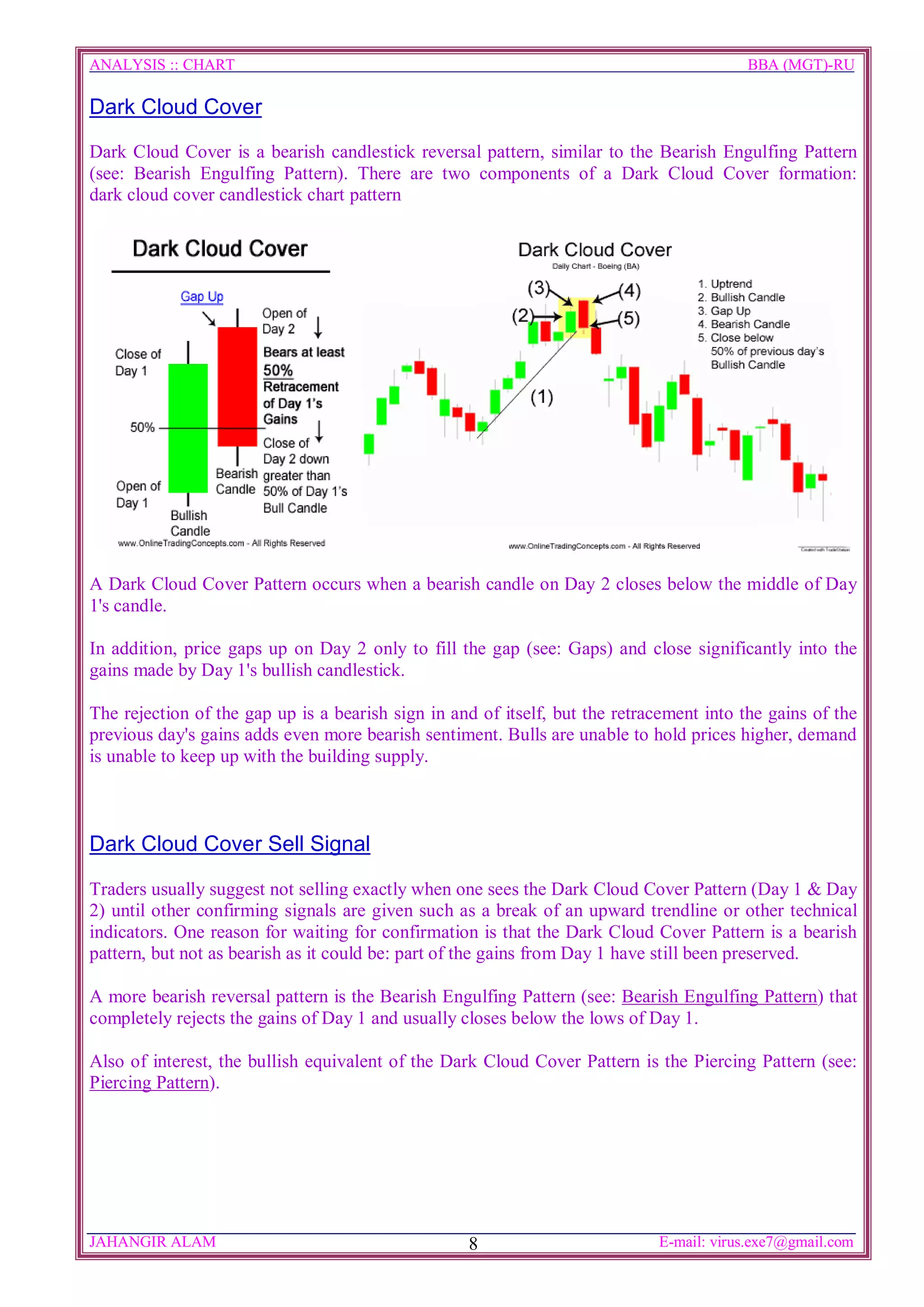 ANALYSIS :: CHART                                                                         BBA (MGT)-RU

Dark Cloud Cover

Dark Cloud Cover is a bearish candlestick reversal pattern, similar to the Bearish Engulfing Pattern
(see: Bearish Engulfing Pattern). There are two components of a Dark Cloud Cover formation:
dark cloud cover candlestick chart pattern




A Dark Cloud Cover Pattern occurs when a bearish candle on Day 2 closes below the middle of Day
1's candle.

In addition, price gaps up on Day 2 only to fill the gap (see: Gaps) and close significantly into the
gains made by Day 1's bullish candlestick.

The rejection of the gap up is a bearish sign in and of itself, but the retracement into the gains of the
previous day's gains adds even more bearish sentiment. Bulls are unable to hold prices higher, demand
is unable to keep up with the building supply.



Dark Cloud Cover Sell Signal

Traders usually suggest not selling exactly when one sees the Dark Cloud Cover Pattern (Day 1 & Day
2) until other confirming signals are given such as a break of an upward trendline or other technical
indicators. One reason for waiting for confirmation is that the Dark Cloud Cover Pattern is a bearish
pattern, but not as bearish as it could be: part of the gains from Day 1 have still been preserved.

A more bearish reversal pattern is the Bearish Engulfing Pattern (see: Bearish Engulfing Pattern) that
completely rejects the gains of Day 1 and usually closes below the lows of Day 1.

Also of interest, the bullish equivalent of the Dark Cloud Cover Pattern is the Piercing Pattern (see:
Piercing Pattern).




JAHANGIR ALAM                                      8                         E-mail: virus.exe7@gmail.com
 