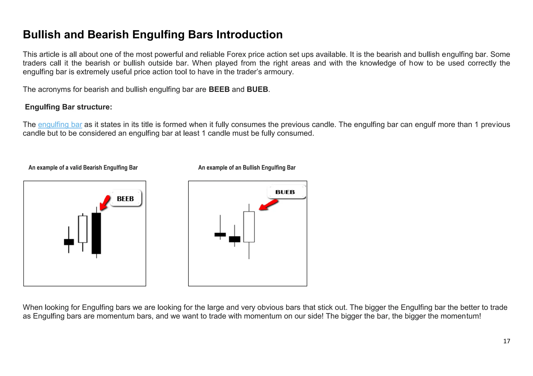 17
Bullish and Bearish Engulfing Bars Introduction
This article is all about one of the most powerful and reliable Forex price action set ups available. It is the bearish and bullish engulfing bar. Some
traders call it the bearish or bullish outside bar. When played from the right areas and with the knowledge of how to be used correctly the
engulfing bar is extremely useful price action tool to have in the trader’s armoury.
The acronyms for bearish and bullish engulfing bar are BEEB and BUEB.
Engulfing Bar structure:
The engulfing bar as it states in its title is formed when it fully consumes the previous candle. The engulfing bar can engulf more than 1 previous
candle but to be considered an engulfing bar at least 1 candle must be fully consumed.
An example of a valid Bearish Engulfing Bar An example of an Bullish Engulfing Bar
When looking for Engulfing bars we are looking for the large and very obvious bars that stick out. The bigger the Engulfing bar the better to trade
as Engulfing bars are momentum bars, and we want to trade with momentum on our side! The bigger the bar, the bigger the momentum!
 