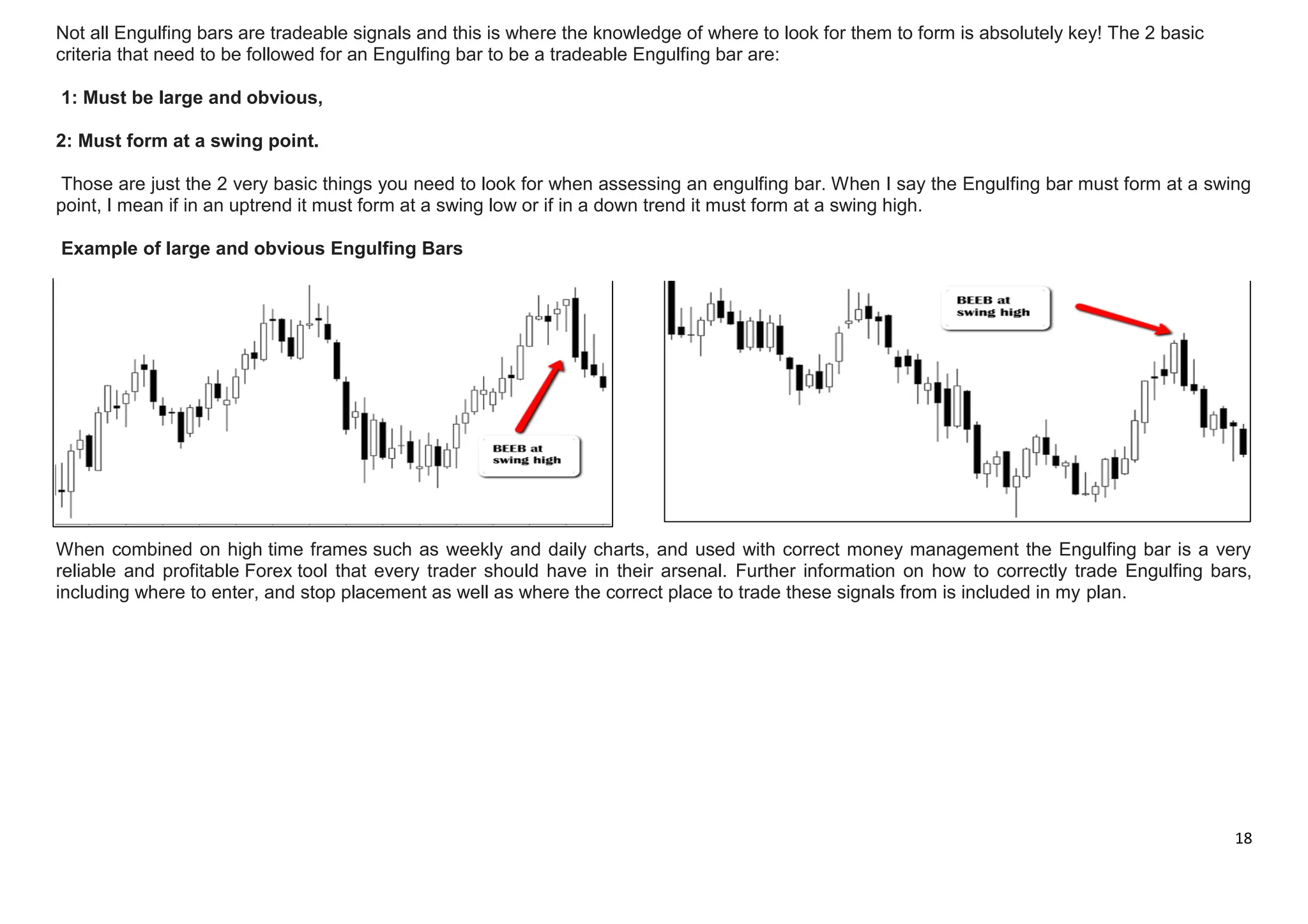 18
Not all Engulfing bars are tradeable signals and this is where the knowledge of where to look for them to form is absolutely key! The 2 basic
criteria that need to be followed for an Engulfing bar to be a tradeable Engulfing bar are:
1: Must be large and obvious,
2: Must form at a swing point.
Those are just the 2 very basic things you need to look for when assessing an engulfing bar. When I say the Engulfing bar must form at a swing
point, I mean if in an uptrend it must form at a swing low or if in a down trend it must form at a swing high.
Example of large and obvious Engulfing Bars
When combined on high time frames such as weekly and daily charts, and used with correct money management the Engulfing bar is a very
reliable and profitable Forex tool that every trader should have in their arsenal. Further information on how to correctly trade Engulfing bars,
including where to enter, and stop placement as well as where the correct place to trade these signals from is included in my plan.
 