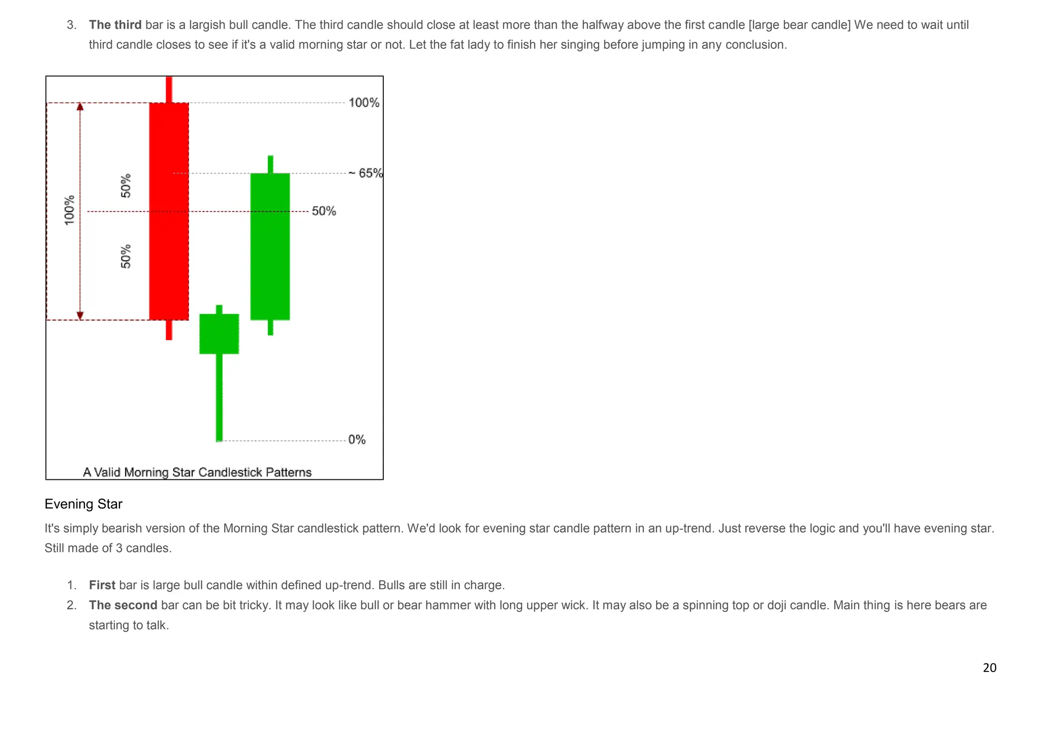 20
3. The third bar is a largish bull candle. The third candle should close at least more than the halfway above the first candle [large bear candle] We need to wait until
third candle closes to see if it's a valid morning star or not. Let the fat lady to finish her singing before jumping in any conclusion.
Evening Star
It's simply bearish version of the Morning Star candlestick pattern. We'd look for evening star candle pattern in an up-trend. Just reverse the logic and you'll have evening star.
Still made of 3 candles.
1. First bar is large bull candle within defined up-trend. Bulls are still in charge.
2. The second bar can be bit tricky. It may look like bull or bear hammer with long upper wick. It may also be a spinning top or doji candle. Main thing is here bears are
starting to talk.
 