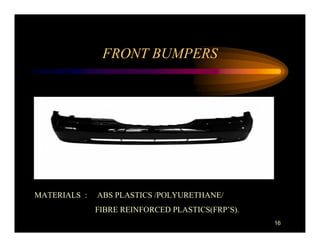 FRONT BUMPERS




MATERIALS :   ABS PLASTICS /POLYURETHANE/
              FIBRE REINFORCED PLASTICS(FRP’S).
                                                  16
 