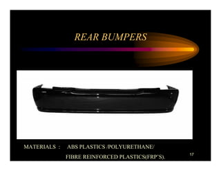 REAR BUMPERS




MATERIALS :   ABS PLASTICS /POLYURETHANE/
                                                  17
              FIBRE REINFORCED PLASTICS(FRP’S).
 