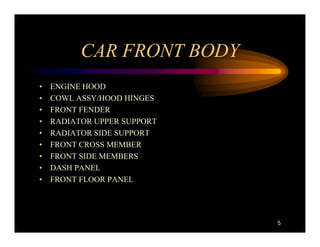 CAR FRONT BODY
•   ENGINE HOOD
•   COWL ASSY/HOOD HINGES
•   FRONT FENDER
•   RADIATOR UPPER SUPPORT
•   RADIATOR SIDE SUPPORT
•   FRONT CROSS MEMBER
•   FRONT SIDE MEMBERS
•   DASH PANEL
•   FRONT FLOOR PANEL




                             5
 
