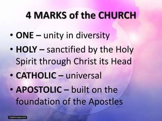 4 MARKS of the CHURCH
• ONE – unity in diversity
• HOLY – sanctified by the Holy
Spirit through Christ its Head
• CATHOLIC – universal
• APOSTOLIC – built on the
foundation of the Apostles
 