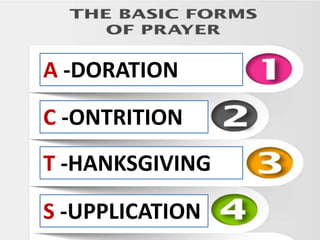 A -DORATION
C -ONTRITION
S -UPPLICATION
T -HANKSGIVING
 