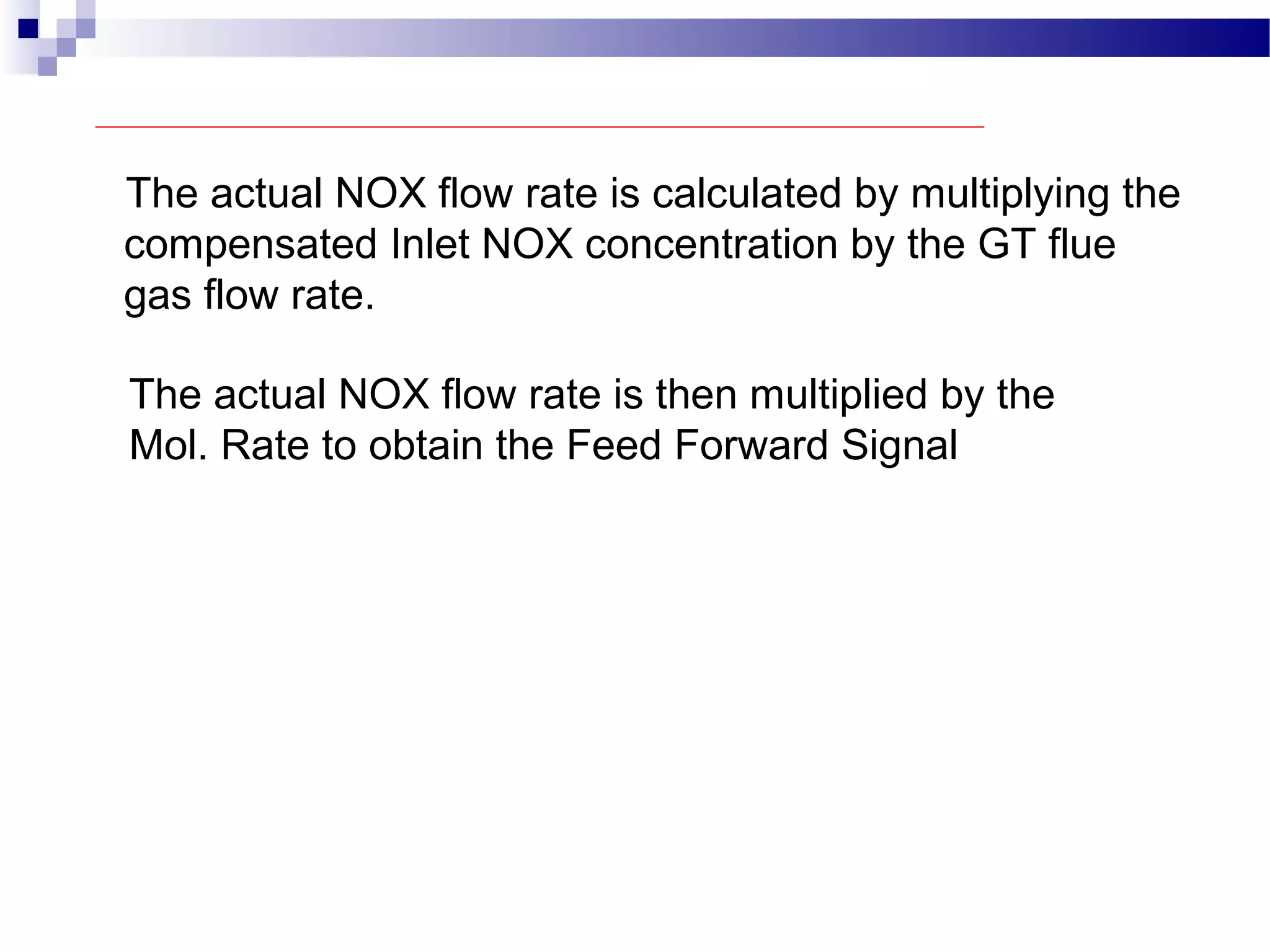 The actual NOX flow rate is calculated by multiplying the
compensated Inlet NOX concentration by the GT flue
gas flow rate.
The actual NOX flow rate is then multiplied by the
Mol. Rate to obtain the Feed Forward Signal
 