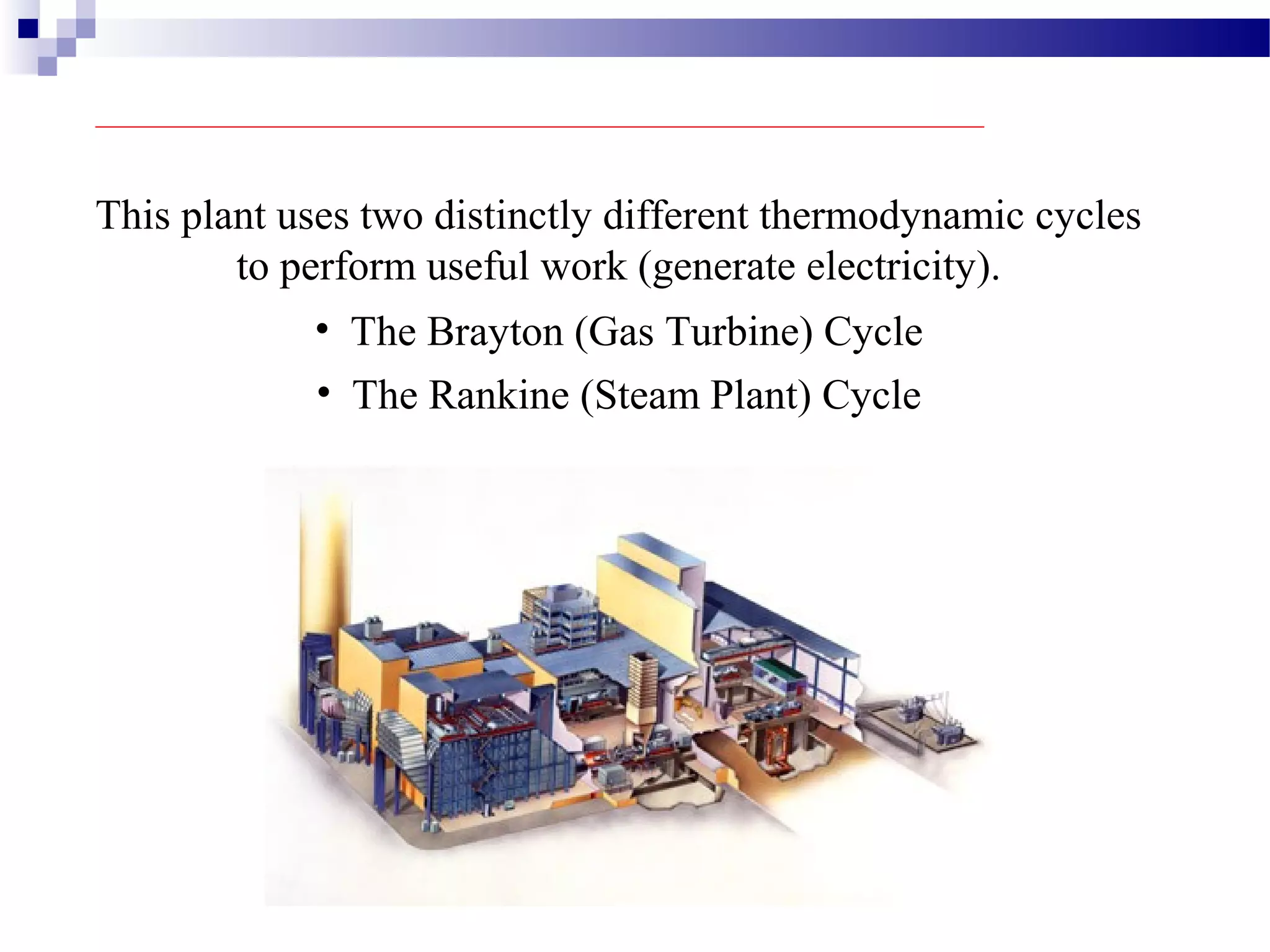 This plant uses two distinctly different thermodynamic cycles
to perform useful work (generate electricity).
• The Brayton (Gas Turbine) Cycle
• The Rankine (Steam Plant) Cycle
 