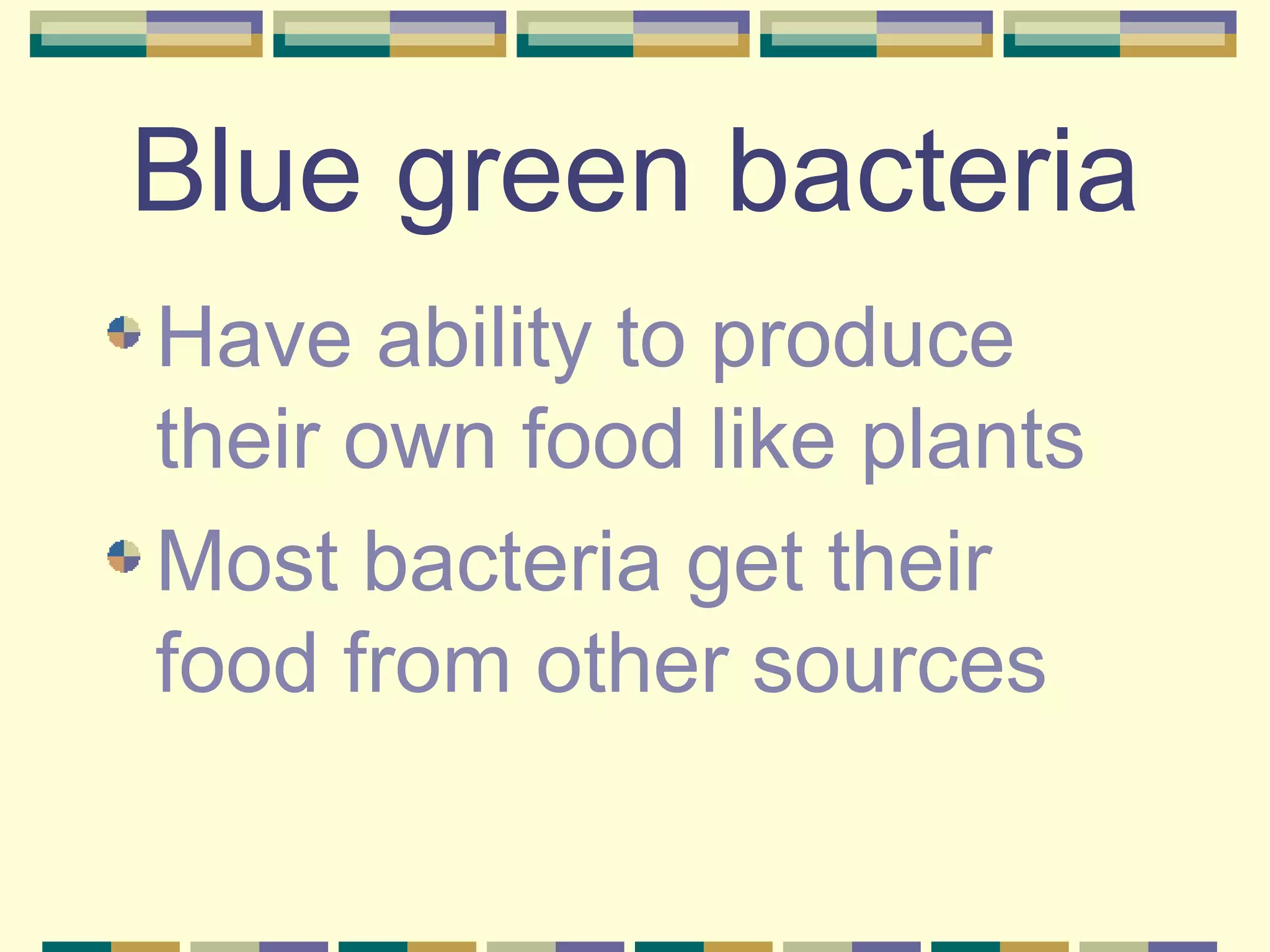 Blue green bacteria Have ability to produce their own food like plants Most bacteria get their food from other sources 