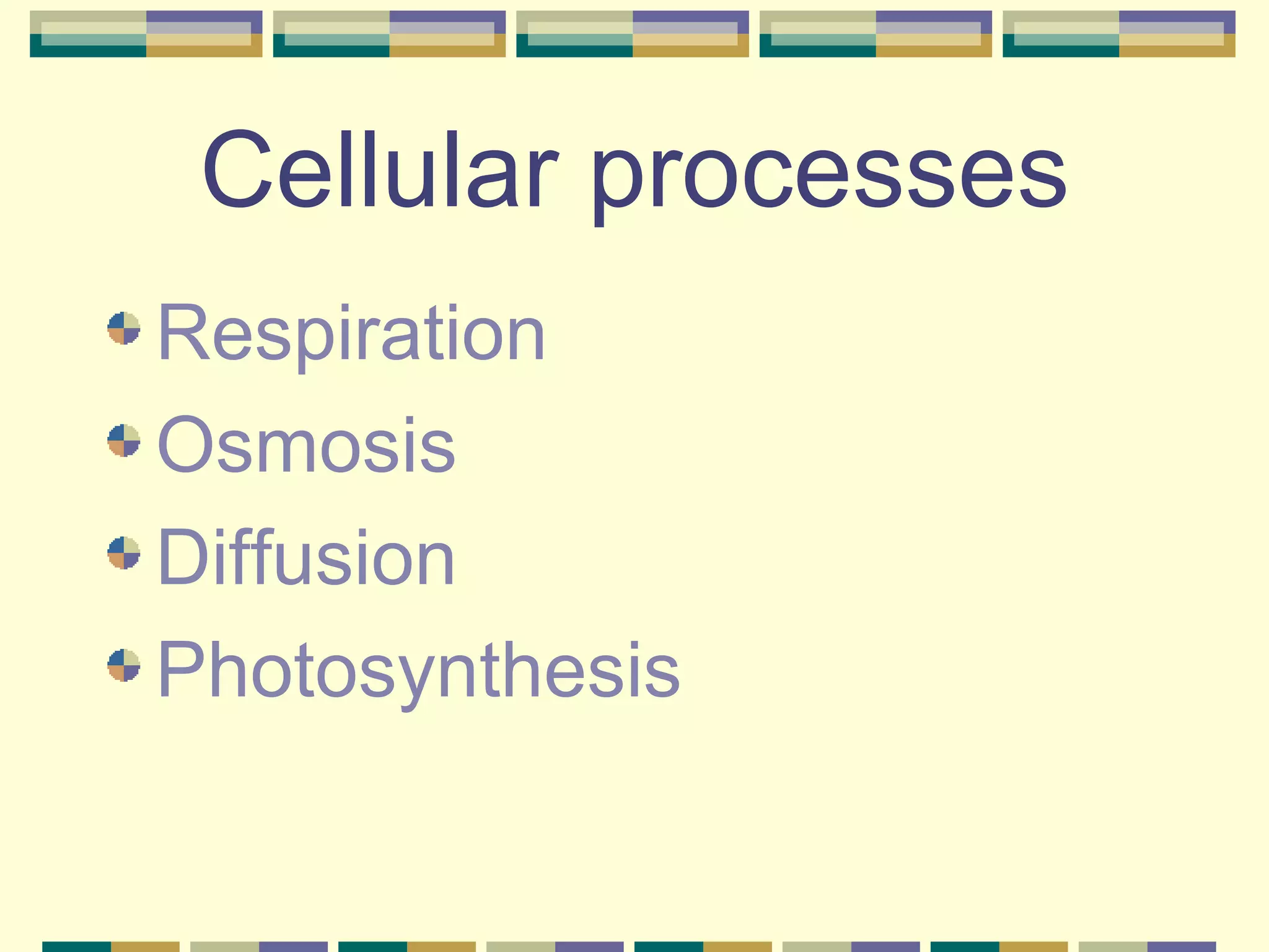 Cellular processes Respiration Osmosis Diffusion Photosynthesis 