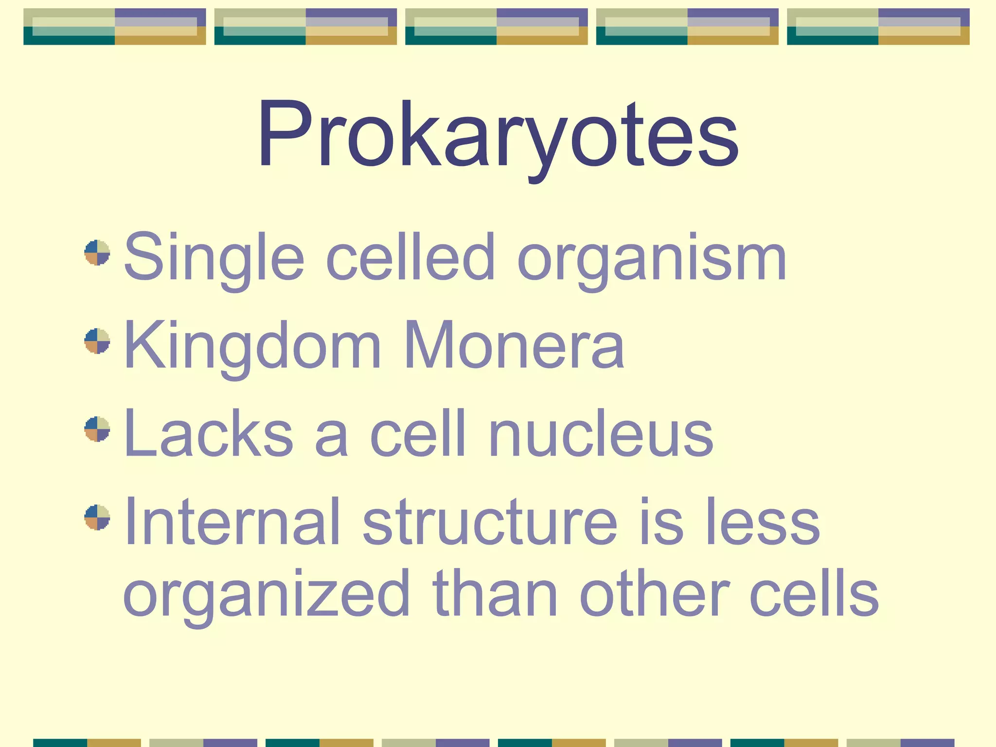 Prokaryotes Single celled organism Kingdom Monera Lacks a cell nucleus Internal structure is less organized than other cells 