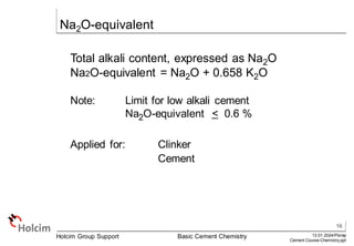 16
13.01.2024/Pbi/ep
Cement Course-Chemistry.ppt
Holcim Group Support Basic Cement Chemistry
Na2O-equivalent
Total alkali content, expressed as Na2O
Na2O-equivalent = Na2O + 0.658 K2O
Note: Limit for low alkali cement
Na2O-equivalent < 0.6 %
Applied for: Clinker
Cement
 
