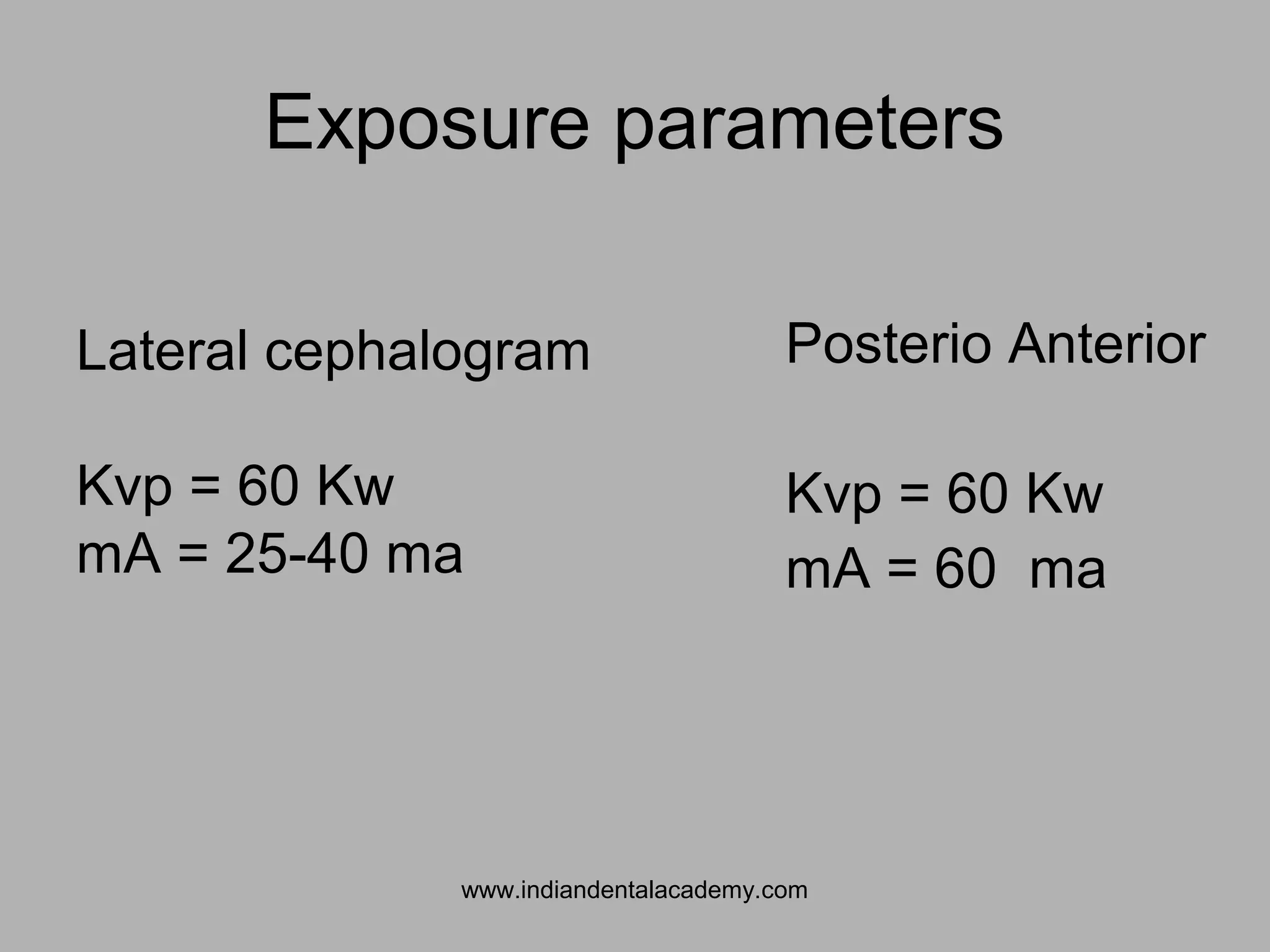 Exposure parameters
Posterio Anterior
Kvp = 60 Kw
mA = 60 ma
Lateral cephalogram
Kvp = 60 Kw
mA = 25-40 ma
www.indiandentalacademy.com
 