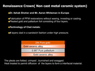 Dr. Itzhak Shoher and Mr. Aaron Whiteman in Europe
Fabrication of PFM restorations without waxing, investing or casting.
Pleated gold and palladium foil consisting of four layers.
Technology of Clad metals:
4 layers clad in a sandwich fashion under high pressure.
Renaissance Crown( Non cast metal ceramic system)
0.997 Pure palladium
Gold ceramic alloy
Gold ceramic alloy
24k Pure gold.
The pleats are folded, crimped , burnished and swagged.
Heat treated to permit diffusion of the layers to form a interfacial material.
 