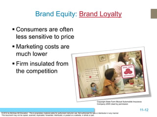 11-12
© 2014 by McGraw-Hill Education. This is proprietary material solely for authorized instructor use. Not authorized for sale or distribution in any manner.
This document may not be copied, scanned, duplicated, forwarded, distributed, or posted on a website, in whole or part.
Brand Equity: Brand Loyalty
 Consumers are often
less sensitive to price
 Marketing costs are
much lower
 Firm insulated from
the competition
Copyright State Farm Mutual Automobile Insurance
Company 2005 Used by permission
 