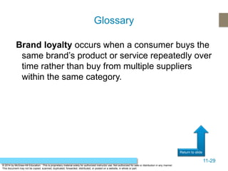 11-29
Return to slide
© 2014 by McGraw-Hill Education. This is proprietary material solely for authorized instructor use. Not authorized for sale or distribution in any manner.
This document may not be copied, scanned, duplicated, forwarded, distributed, or posted on a website, in whole or part.
Brand loyalty occurs when a consumer buys the
same brand’s product or service repeatedly over
time rather than buy from multiple suppliers
within the same category.
Glossary
 