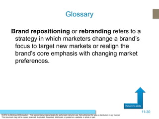 11-30
Return to slide
© 2014 by McGraw-Hill Education. This is proprietary material solely for authorized instructor use. Not authorized for sale or distribution in any manner.
This document may not be copied, scanned, duplicated, forwarded, distributed, or posted on a website, in whole or part.
Brand repositioning or rebranding refers to a
strategy in which marketers change a brand’s
focus to target new markets or realign the
brand’s core emphasis with changing market
preferences.
Glossary
 