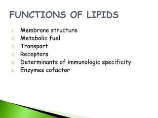 1.   Membrane structure
2.   Metabolic fuel
3.   Transport
4.   Receptors
5.   Determinants of immunologic specificity
6.   Enzymes cofactor
 