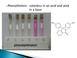 Phenolthelein: colorless in an acid and pink
in a base
 