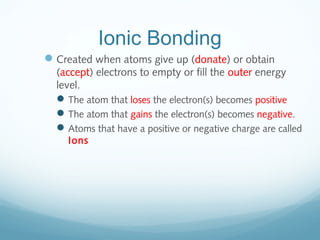 Ionic Bonding
Created when atoms give up (donate) or obtain
(accept) electrons to empty or fill the outer energy
level.
The atom that loses the electron(s) becomes positive
The atom that gains the electron(s) becomes negative.
Atoms that have a positive or negative charge are called
Ions
 