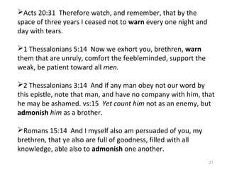 21
Acts 20:31 Therefore watch, and remember, that by the
space of three years I ceased not to warn every one night and
day with tears.
1 Thessalonians 5:14 Now we exhort you, brethren, warn
them that are unruly, comfort the feebleminded, support the
weak, be patient toward all men.
2 Thessalonians 3:14 And if any man obey not our word by
this epistle, note that man, and have no company with him, that
he may be ashamed. vs:15 Yet count him not as an enemy, but
admonish him as a brother.
Romans 15:14 And I myself also am persuaded of you, my
brethren, that ye also are full of goodness, filled with all
knowledge, able also to admonish one another.
 