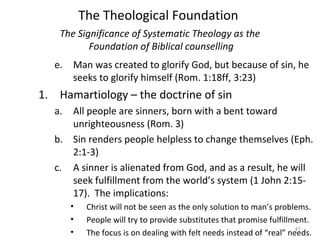41
e. Man was created to glorify God, but because of sin, he
seeks to glorify himself (Rom. 1:18ff, 3:23)
1. Hamartiology – the doctrine of sin
a. All people are sinners, born with a bent toward
unrighteousness (Rom. 3)
b. Sin renders people helpless to change themselves (Eph.
2:1-3)
c. A sinner is alienated from God, and as a result, he will
seek fulfillment from the world’s system (1 John 2:15-
17). The implications:
• Christ will not be seen as the only solution to man’s problems.
• People will try to provide substitutes that promise fulfillment.
• The focus is on dealing with felt needs instead of “real” needs.
The Significance of Systematic Theology as the
Foundation of Biblical counselling
The Theological Foundation
 