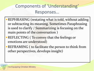 The Equipping Christian Ministry
Components of ‘Understanding’
Responses…
REPHRASING (restating what is told, without adding
or subtracting its meaning. Sometimes Paraphrasing
is used to clarify / Summarizing is focusing on the
main points of the conversation )
REFLECTING ( To convey that the feelings or
emotions are understood)
REFRAMING ( to facilitate the person to think from
other perspectives, develops insight)
 