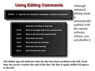 Although
enhanced
editing mode
is
automatically
enabled with
the current
software
release, you
can disable it
The dollar sign ($) indicates that the line has been scrolled to the left. Each
time the cursor reaches the end of the line, the line is again shifted 10 spaces
to the left.
 