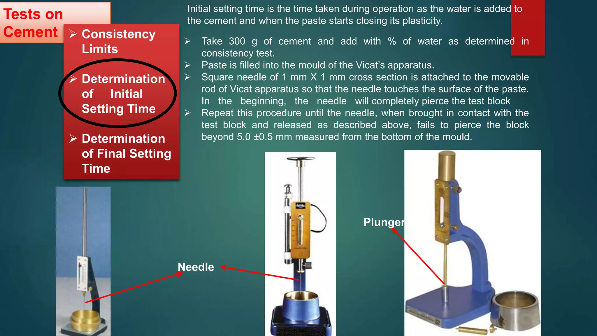 Tests on
Cement  Consistency
Limits
 Determination
of Initial
Setting Time
 Determination
of Final Setting
Time
Needle
Plunger
Initial setting time is the time taken during operation as the water is added to
the cement and when the paste starts closing its plasticity.
 Take 300 g of cement and add with % of water as determined in
consistency test.
 Paste is filled into the mould of the Vicat’s apparatus.
 Square needle of 1 mm X 1 mm cross section is attached to the movable
rod of Vicat apparatus so that the needle touches the surface of the paste.
In the beginning, the needle will completely pierce the test block
 Repeat this procedure until the needle, when brought in contact with the
test block and released as described above, fails to pierce the block
beyond 5.0 ±0.5 mm measured from the bottom of the mould.
 
