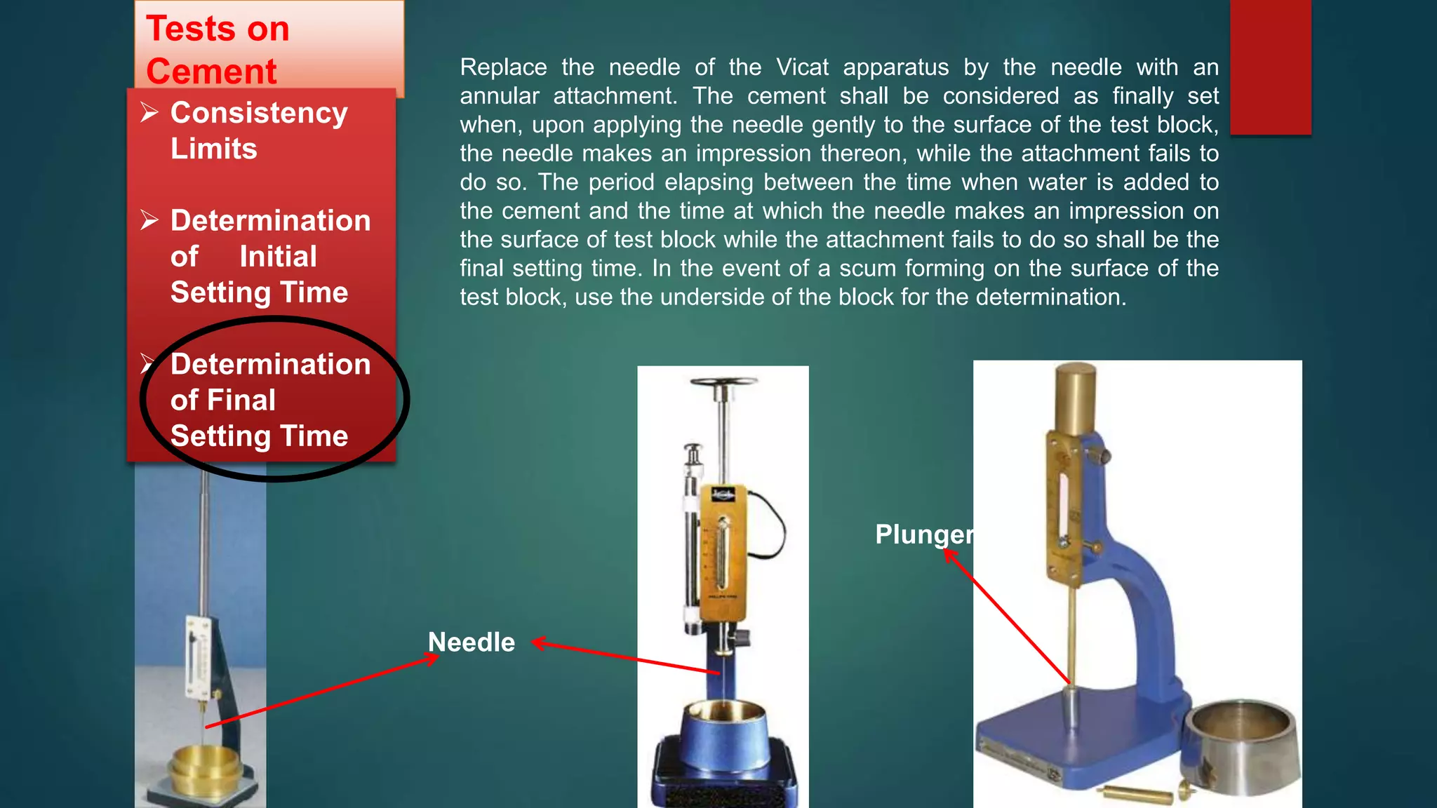 Tests on
Cement
 Consistency
Limits
 Determination
of Initial
Setting Time
 Determination
of Final
Setting Time
Needle
Plunger
Replace the needle of the Vicat apparatus by the needle with an
annular attachment. The cement shall be considered as finally set
when, upon applying the needle gently to the surface of the test block,
the needle makes an impression thereon, while the attachment fails to
do so. The period elapsing between the time when water is added to
the cement and the time at which the needle makes an impression on
the surface of test block while the attachment fails to do so shall be the
final setting time. In the event of a scum forming on the surface of the
test block, use the underside of the block for the determination.
 