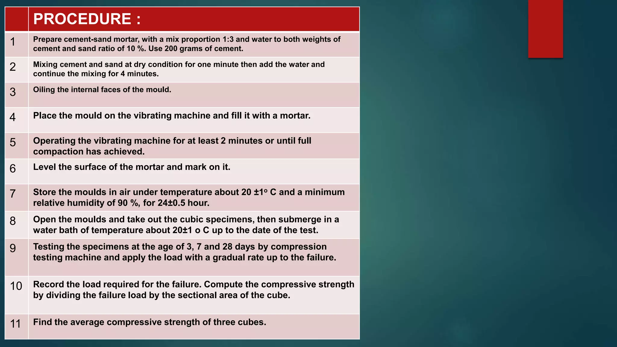 PROCEDURE :
1 Prepare cement-sand mortar, with a mix proportion 1:3 and water to both weights of
cement and sand ratio of 10 %. Use 200 grams of cement.
2 Mixing cement and sand at dry condition for one minute then add the water and
continue the mixing for 4 minutes.
3 Oiling the internal faces of the mould.
4 Place the mould on the vibrating machine and fill it with a mortar.
5 Operating the vibrating machine for at least 2 minutes or until full
compaction has achieved.
6 Level the surface of the mortar and mark on it.
7 Store the moulds in air under temperature about 20 ±1o C and a minimum
relative humidity of 90 %, for 24±0.5 hour.
8 Open the moulds and take out the cubic specimens, then submerge in a
water bath of temperature about 20±1 o C up to the date of the test.
9 Testing the specimens at the age of 3, 7 and 28 days by compression
testing machine and apply the load with a gradual rate up to the failure.
10 Record the load required for the failure. Compute the compressive strength
by dividing the failure load by the sectional area of the cube.
11 Find the average compressive strength of three cubes.
 