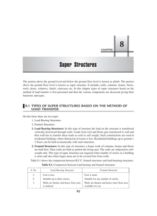 CHAPTER
Super Structures
8
92
The portion above the ground level and below the ground floor level is known as plinth. The portion
above the ground floor level is known as super structure. It includes walls, columns, beams, floors,
roofs, doors, windows, lintels, staircases etc. In this chapter types of super structures based on the
method of load transfer is first presented and then the various components are discussed giving their
functions and types.
8.1 TYPES OF SUPER STRUCTURES BASED ON THE METHOD OF
LOAD TRANSFER
On this basis there are two types
1. Load Bearing Structures
2. Framed Structures.
1. Load Bearing Structures: In this type of structure the load on the structure is transferred
vertically downward through walls. Loads from roof and floors gets transferred to wall and
then wall has to transfer these loads as well as self weight. Such constructions are used in
residential buildings where dimension of rooms is less. Residential buildings up to ground +
2 floors can be built economically with such structures.
2. Framed Structures: In this type of structures a frame work of columns, beams and floors
are built first. Then walls are built to partion the living area. The walls are subjected to self-
weight only. This type of super structures are required when number of stories in a building
is more and also when larger areas are to be covered free from walls.
Table 8.1 shows the comparison between R.C.C. framed structures and load bearning structures.
Table 8.1. Comparison between load bearing and framed structures
S. No. Load Bearing Structure Framed Structure
1. Cost is less. Cost is more.
2. Suitable up to three stories. Suitable for any number of stories.
3. Walls are thicker and hence floor area Walls are thinner and hence more floor area
is reduced. available for use.
 