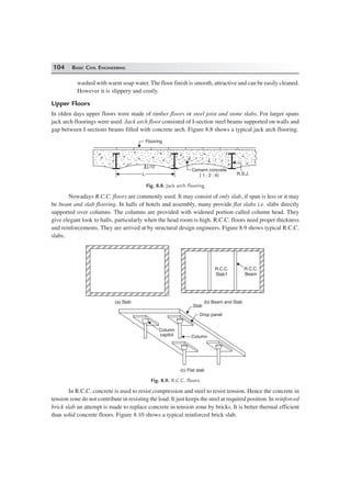 104 BASIC CIVIL ENGINEERING
washed with warm soap water. The floor finish is smooth, attractive and can be easily cleaned.
However it is slippery and costly.
Upper Floors
In olden days upper floors were made of timber floors or steel joist and stone slabs. For larger spans
jack arch floorings were used. Jack arch floor consisted of I-section steel beams supported on walls and
gap between I-sections beams filled with concrete arch. Figure 8.8 shows a typical jack arch flooring.
LL
L/12
Cement concrete
( 1 : 2 : 4) R.S.J.
Flooring
Fig. 8.8. Jack arch flooring
Nowadays R.C.C. floors are commonly used. It may consist of only slab, if span is less or it may
be beam and slab flooring. In halls of hotels and assembly, many provide flat slabs i.e. slabs directly
supported over columns. The columns are provided with widened portion called column head. They
give elegant look to halls, particularly when the head room is high. R.C.C. floors need proper thickness
and reinforcements. They are arrived at by structural design engineers. Figure 8.9 shows typical R.C.C.
slabs.
R.C.C.
Slab1
R.C.C.
Beam
(a) Slab (b) Beam and Slab
Column
capitol
Drop panel
Column
Slab
(c) Flat slab
Fig. 8.9. R.C.C. floors
In R.C.C. concrete is used to resist compression and steel to resist tension. Hence the concrete in
tension zone do not contribute in resisting the load. It just keeps the steel at required position. In reinforced
brick slab an attempt is made to replace concrete in tension zone by bricks. It is better thermal efficient
than solid concrete floors. Figure 8.10 shows a typical reinforced brick slab.
 